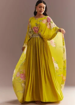 Yellow Crepe Silk Floral Printed Gown With Embroidered Belt