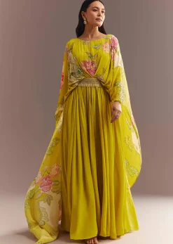 Yellow Crepe Silk Floral Printed Gown With Embroidered Belt