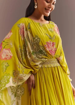 Yellow Crepe Silk Floral Printed Gown With Embroidered Belt