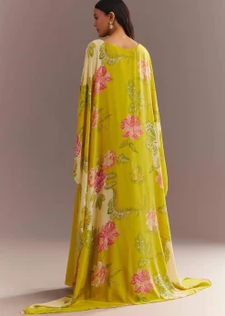 Yellow Crepe Silk Floral Printed Gown With Embroidered Belt