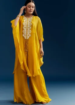 Yellow Crop Top Cape Set With Embroidery And Fancy Sleeves
