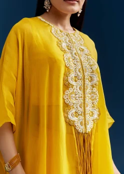Yellow Crop Top Cape Set With Embroidery And Fancy Sleeves