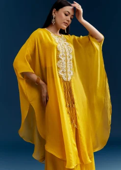 Yellow Crop Top Cape Set With Embroidery And Fancy Sleeves