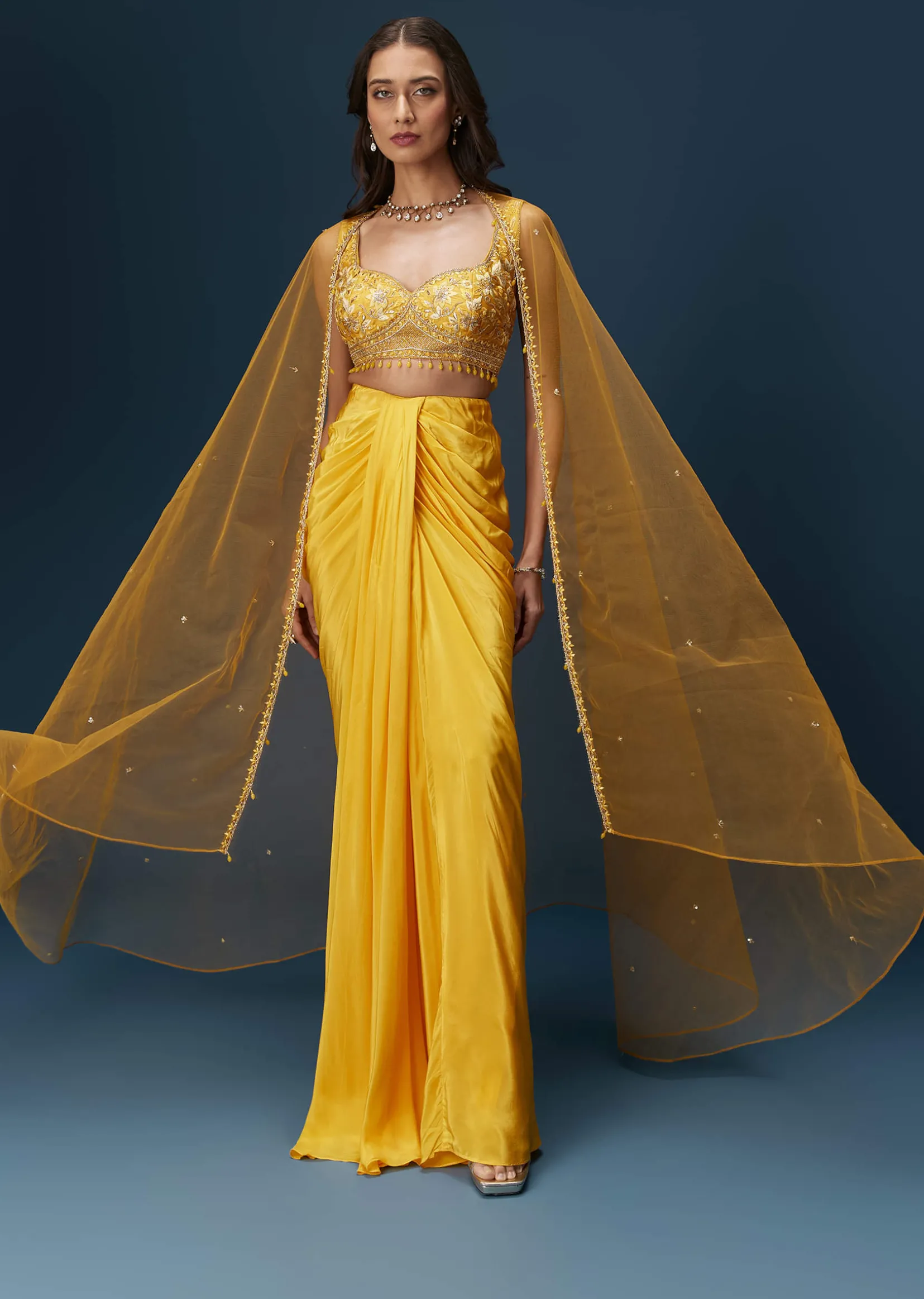 Yellow Crop Top Set With Embroidered Blouse And Drape Dupatta