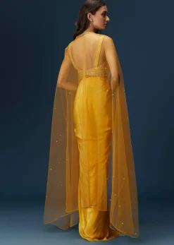 Yellow Crop Top Set With Embroidered Blouse And Drape Dupatta