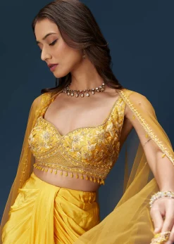 Yellow Crop Top Set With Embroidered Blouse And Drape Dupatta