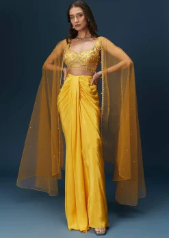Yellow Crop Top Set With Embroidered Blouse And Drape Dupatta