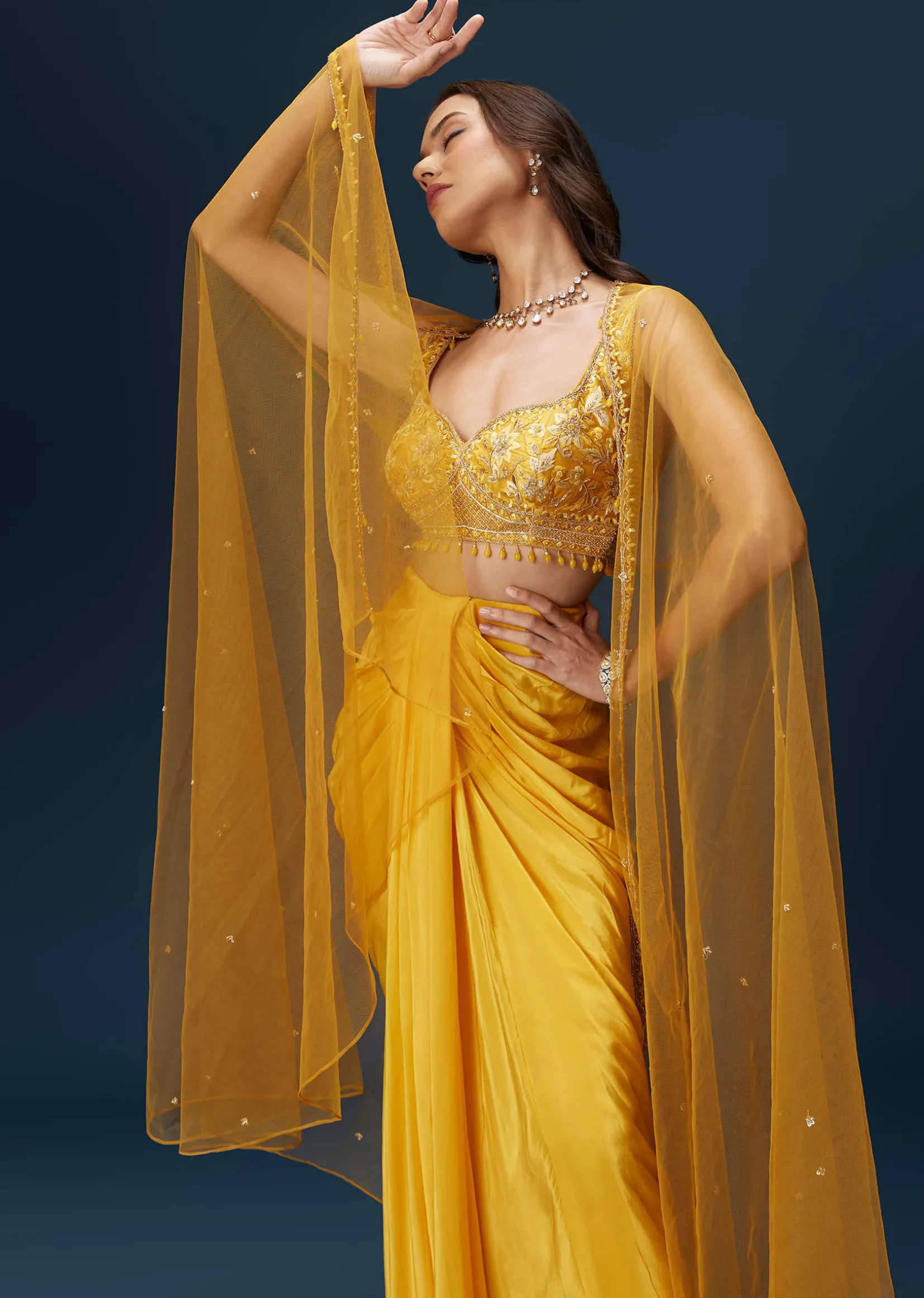 Yellow Crop Top Set With Embroidered Blouse And Drape Dupatta