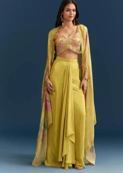 Yellow Crop Top Skirt With Floral Cape And Resham Detailing