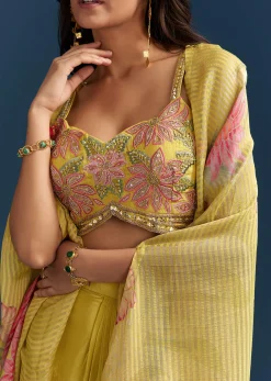 Yellow Crop Top Skirt With Floral Cape And Resham Detailing