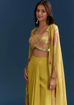 Yellow Crop Top Skirt With Floral Cape And Resham Detailing
