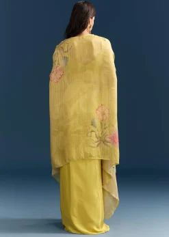 Yellow Crop Top Skirt With Floral Cape And Resham Detailing