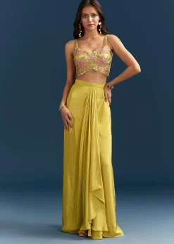Yellow Crop Top Skirt With Floral Cape And Resham Detailing