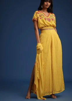 Yellow Crop Top With Slit Palazzo And Scarf