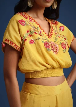 Yellow Crop Top With Slit Palazzo And Scarf