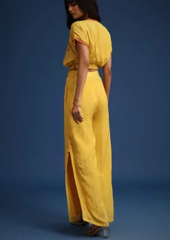Yellow Crop Top With Slit Palazzo And Scarf