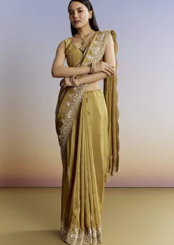 Yellow Crush Tissue Saree With Gota Zari And Beads Embroidery