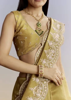 Yellow Crush Tissue Saree With Gota Zari And Beads Embroidery