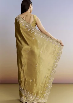 Yellow Crush Tissue Saree With Gota Zari And Beads Embroidery