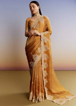 Yellow Crush Tissue Saree With Heavy Embroidered Border And Blouse