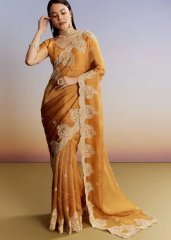 Yellow Crush Tissue Saree With Heavy Embroidered Border And Blouse