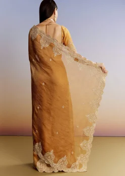 Yellow Crush Tissue Saree With Heavy Embroidered Border And Blouse