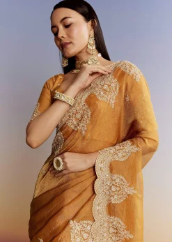 Yellow Crush Tissue Saree With Heavy Embroidered Border And Blouse