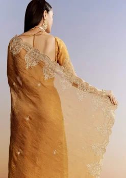 Yellow Crush Tissue Saree With Heavy Embroidered Border And Blouse