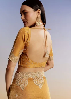 Yellow Crush Tissue Saree With Heavy Embroidered Border And Blouse