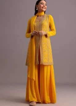 Yellow Cutdana Kurti Palazzo Suit With Dupatta