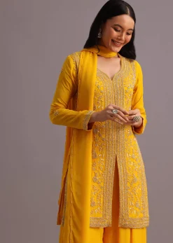 Yellow Cutdana Kurti Palazzo Suit With Dupatta