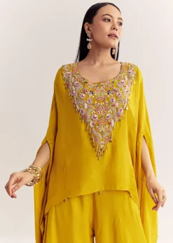Yellow Dola Silk Cape Kurta Set With Embroidery