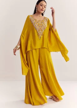 Yellow Dola Silk Cape Kurta Set With Embroidery