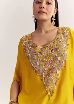 Yellow Dola Silk Cape Kurta Set With Embroidery