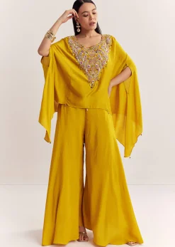Yellow Dola Silk Cape Kurta Set With Embroidery