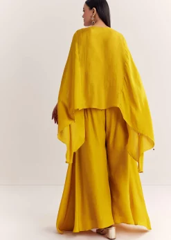 Yellow Dola Silk Cape Kurta Set With Embroidery