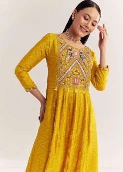 Yellow Dola Silk Gown With Embroidery