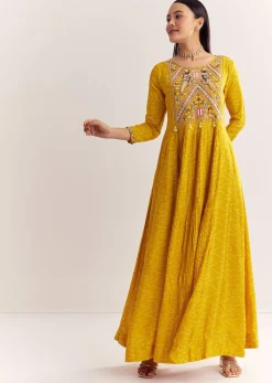 Yellow Dola Silk Gown With Embroidery