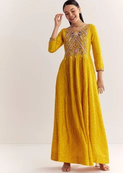 Yellow Dola Silk Gown With Embroidery