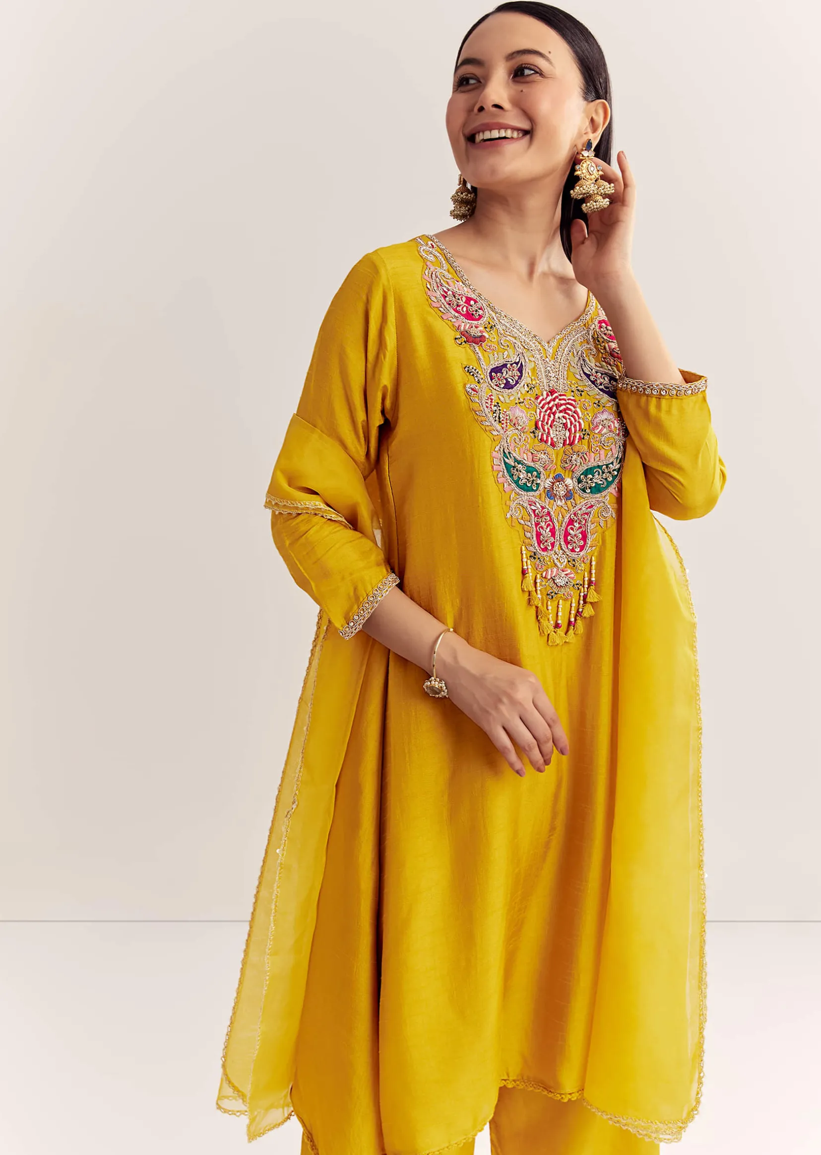 Yellow Dola Silk Kurta Dupatta Set With Zardosi And Thread Work