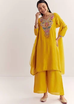 Yellow Dola Silk Kurta Dupatta Set With Zardosi And Thread Work