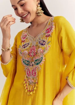 Yellow Dola Silk Kurta Dupatta Set With Zardosi And Thread Work