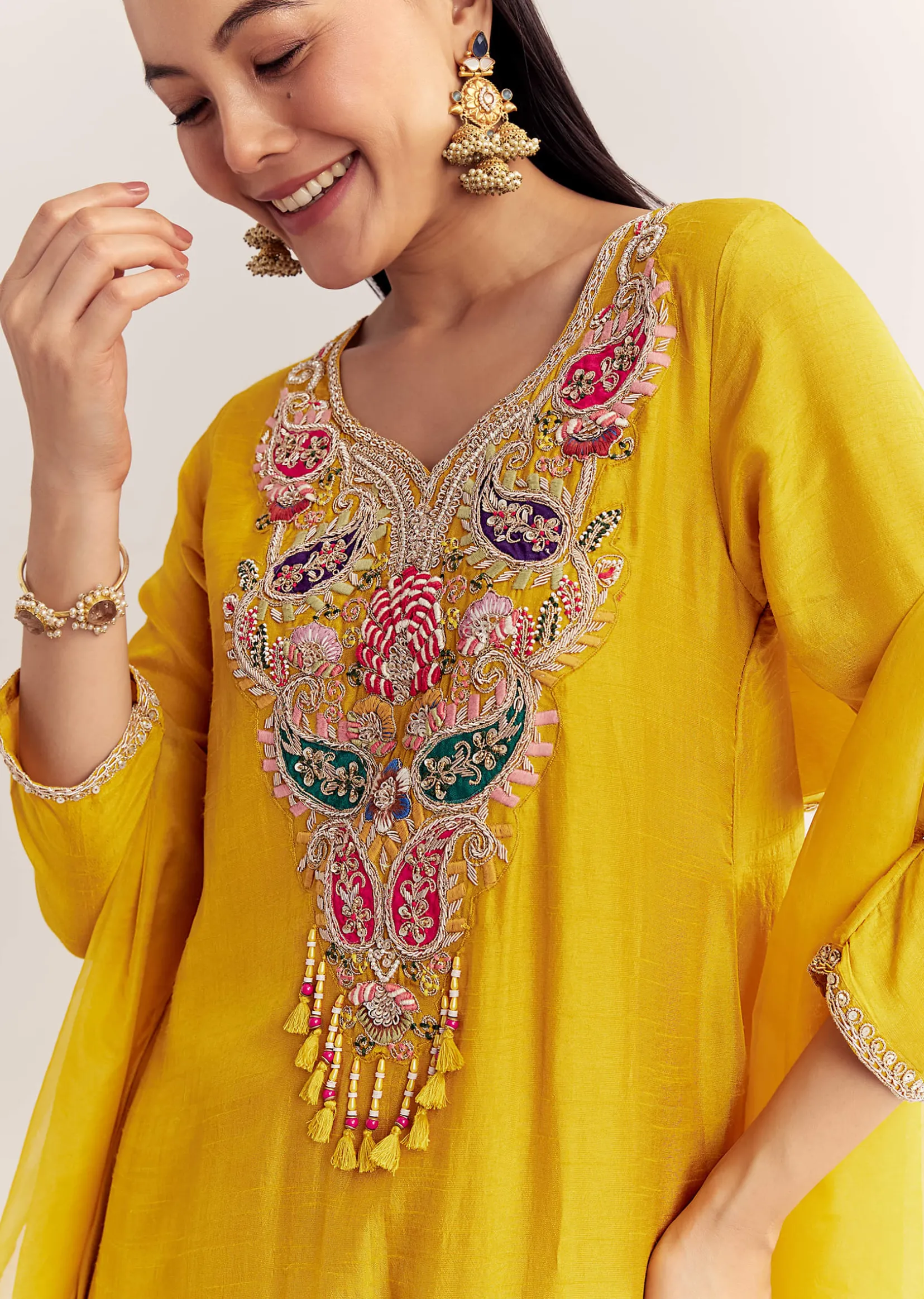 Yellow Dola Silk Kurta Dupatta Set With Zardosi And Thread Work