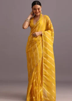 Yellow Dola Silk Leheriya Woven Saree With Gotta Patti Border