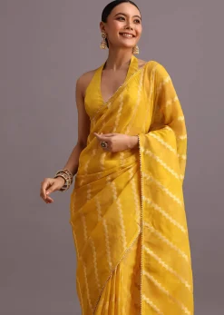 Yellow Dola Silk Leheriya Woven Saree With Gotta Patti Border