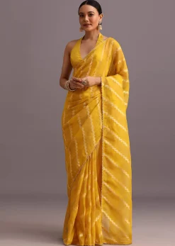 Yellow Dola Silk Leheriya Woven Saree With Gotta Patti Border