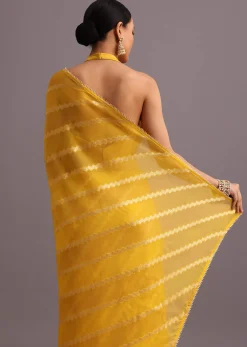 Yellow Dola Silk Leheriya Woven Saree With Gotta Patti Border