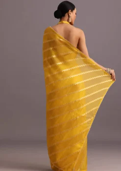 Yellow Dola Silk Leheriya Woven Saree With Gotta Patti Border