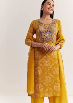 Yellow Dola Silk Printed Kurta Dupatta Set With Embroidered Neckline