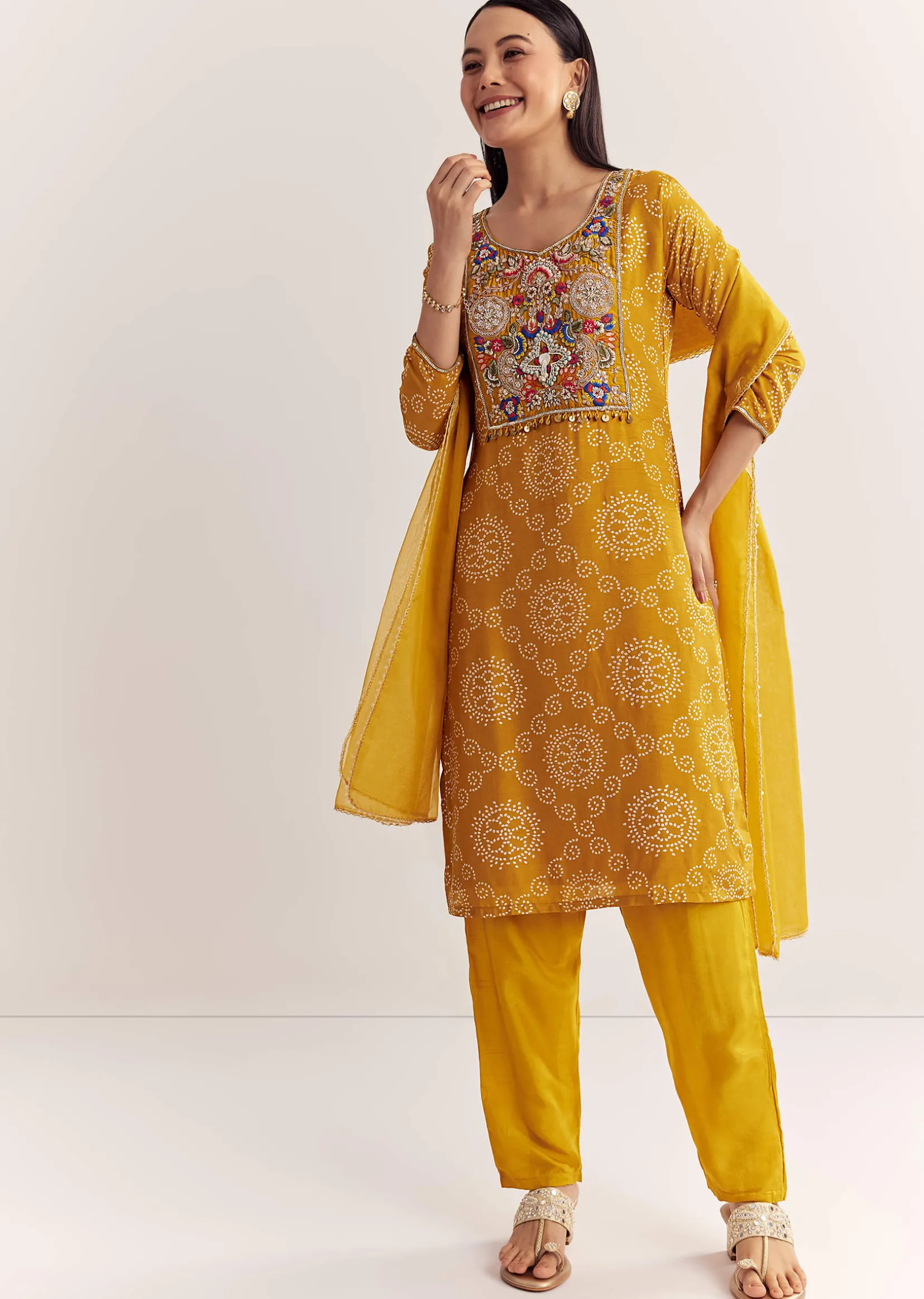 Yellow Dola Silk Printed Kurta Dupatta Set With Embroidered Neckline